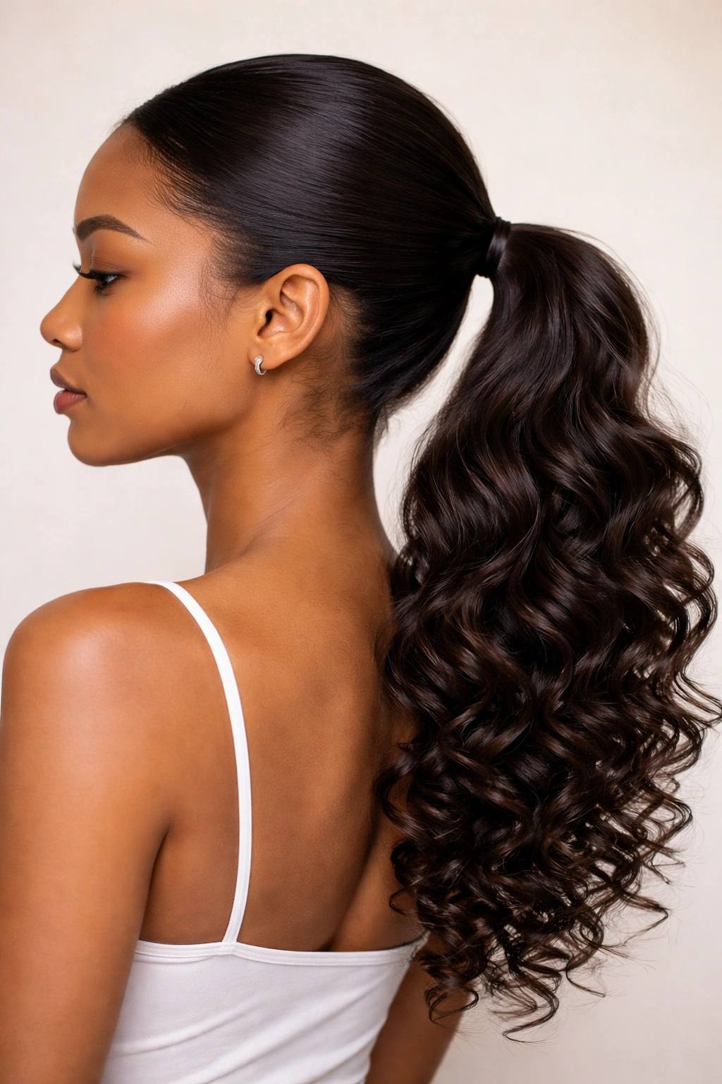 Low ponytail with a sleek base and spiraled curly ends