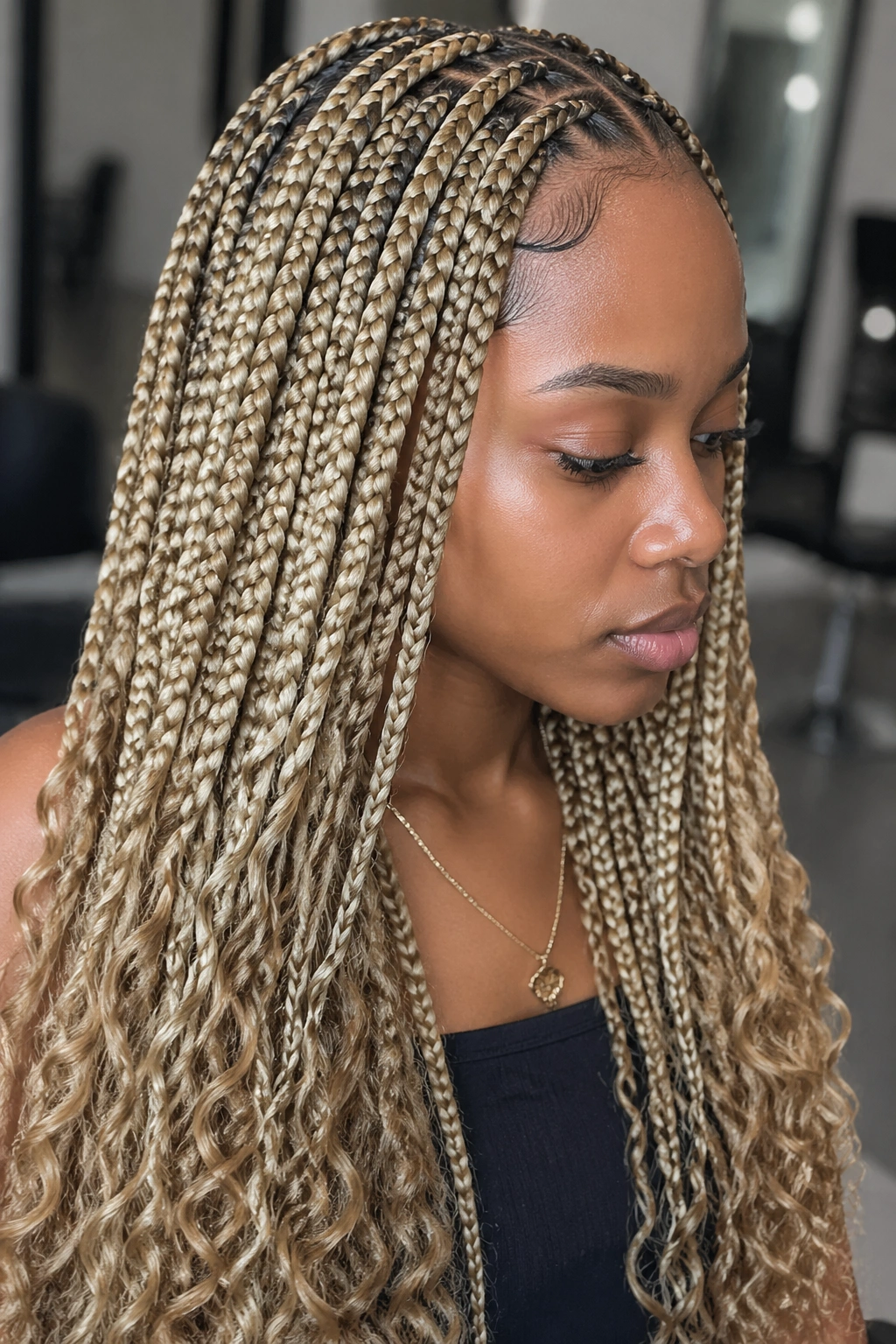 Close-up of a real person with sleek blonde knotless braids and clean edges
