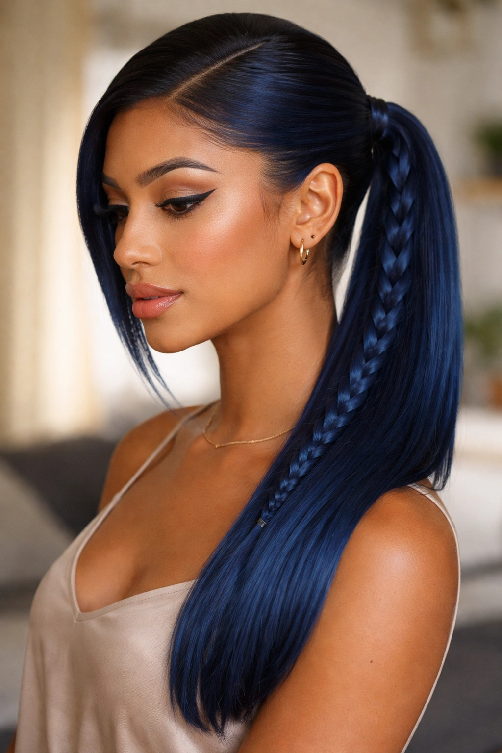 Close-up portrait of a real person with a sleek blue braided ponytail in a side part.