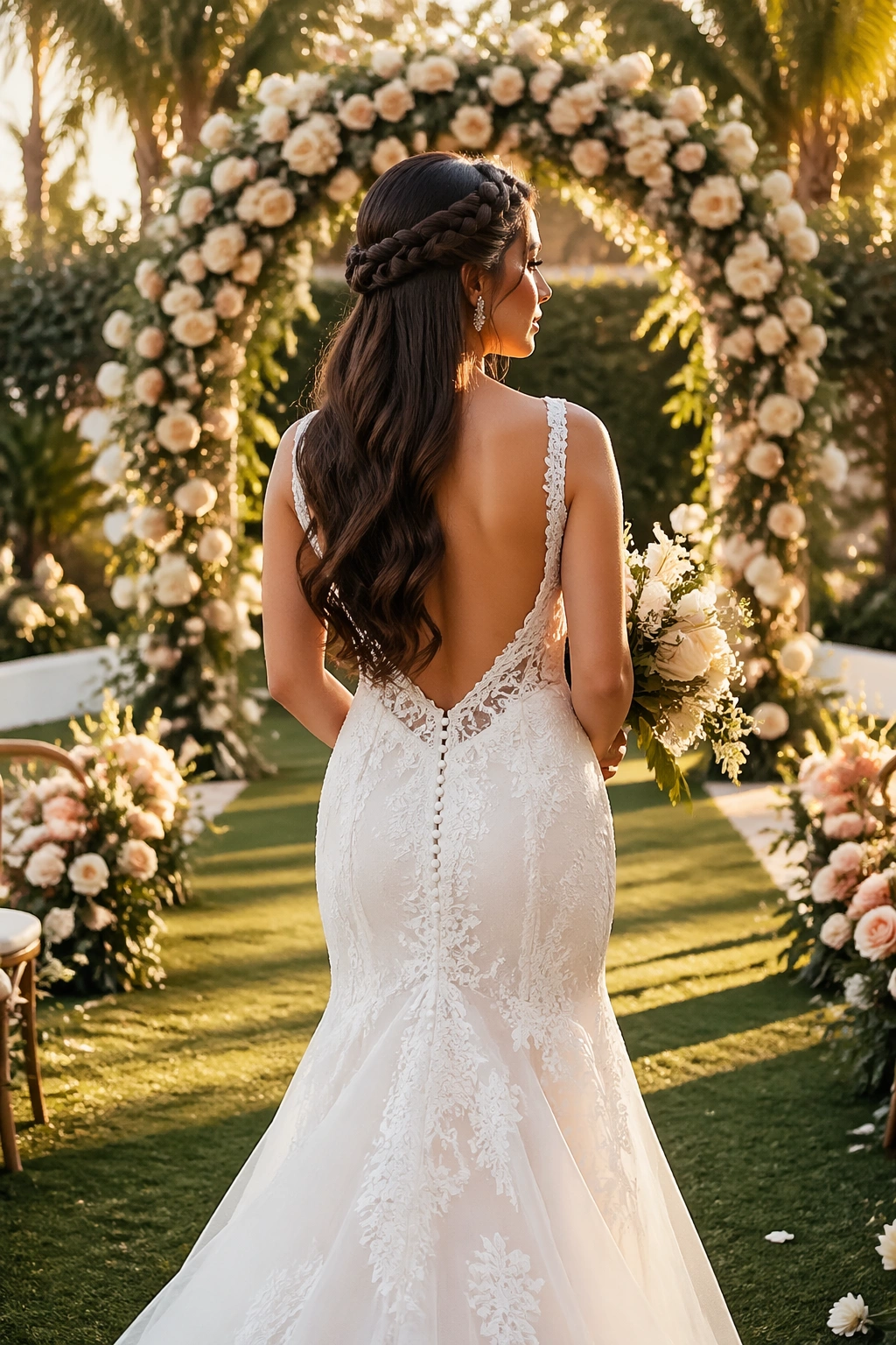 Bridal sleek braid with polished waves in garden ceremony