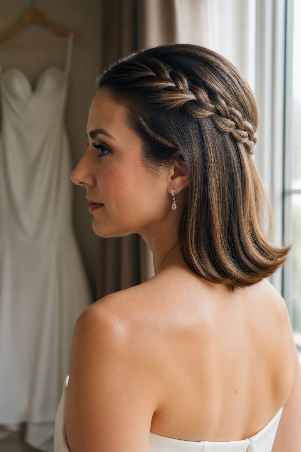 Side-profile of sleek braided half-up on modern wedding look.