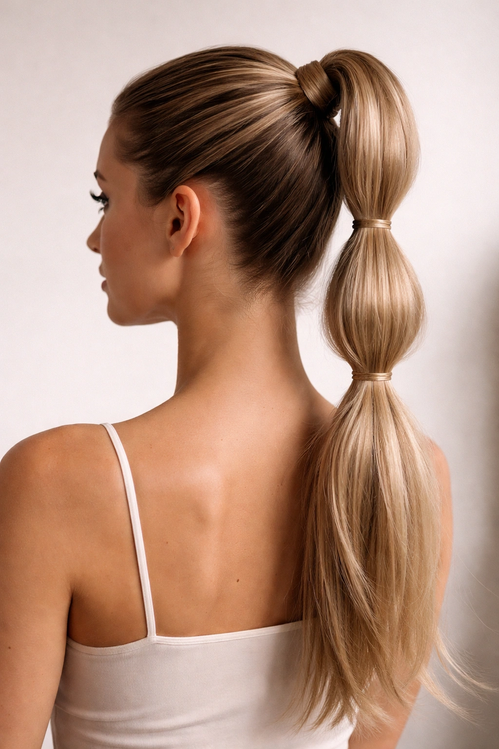 Close-up of a sleek high double bubble ponytail with stacked bubbles and wrapped elastic