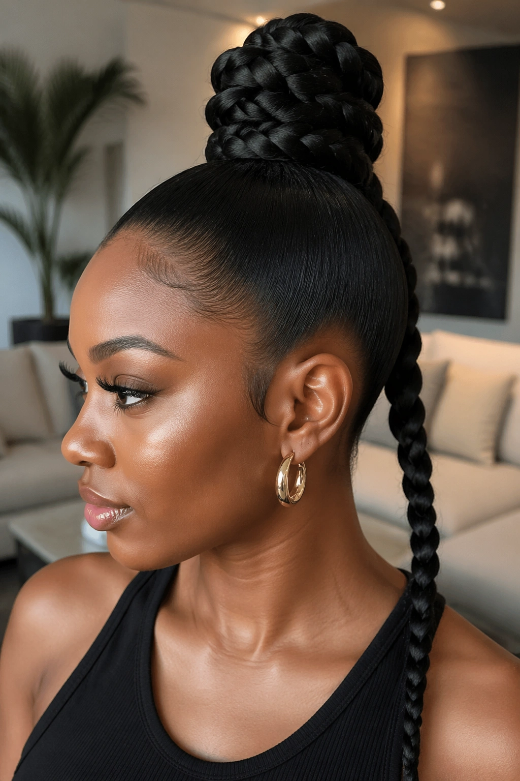 Close-up of a real Black woman with Sleek Wrapped Bun With a Braided Tail