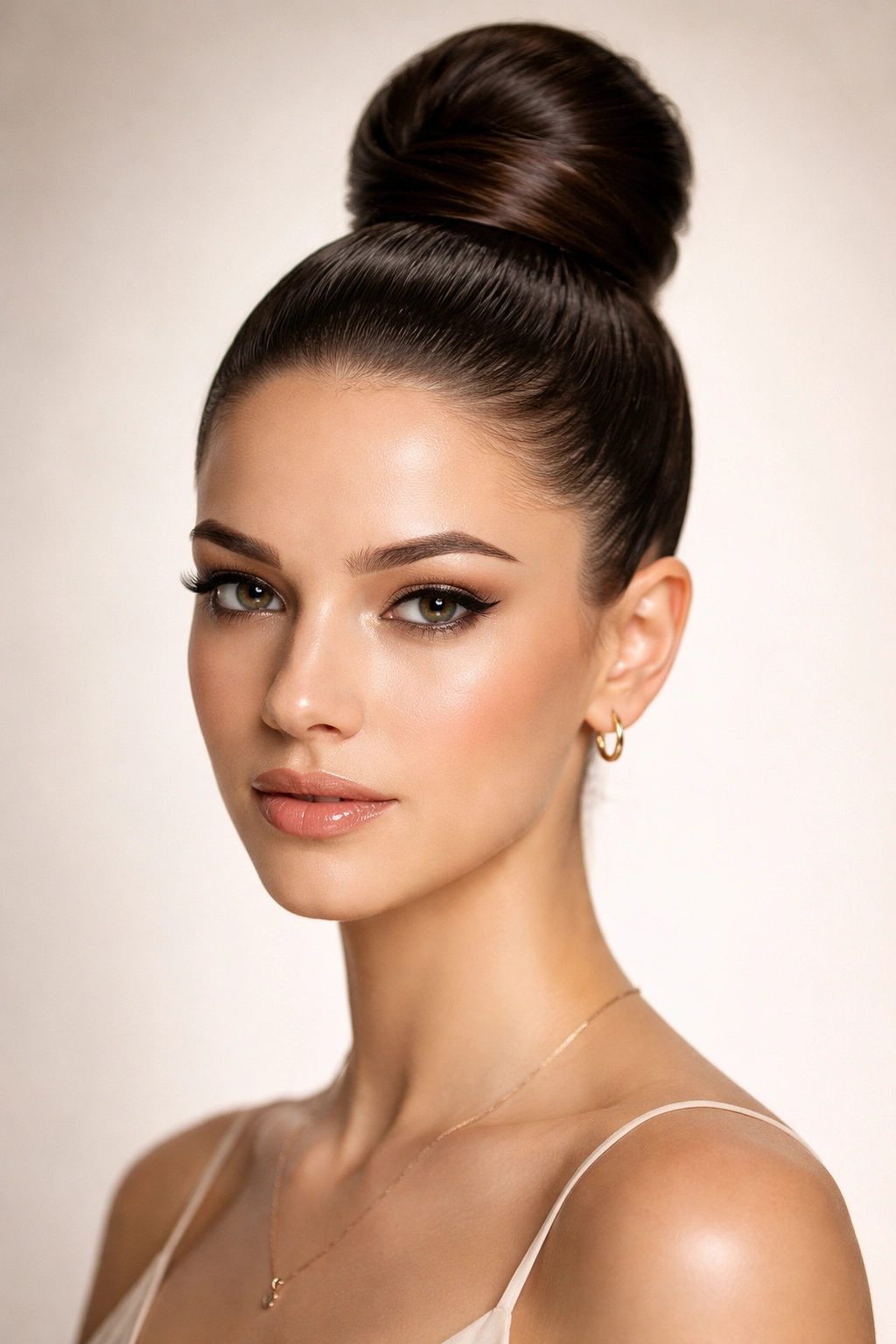 Close-up of a glossy high bun with a smooth crown and flawless finish