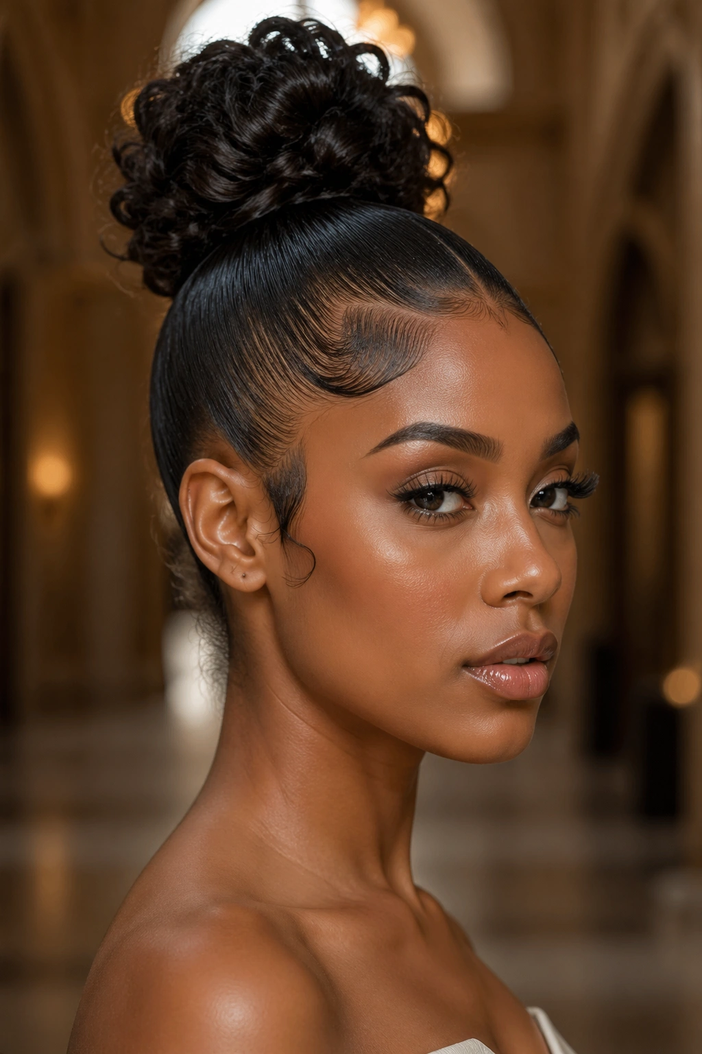 Close-up of Sleek High Bun With Dramatic Edges on a real bride, with perfectly laid edges.