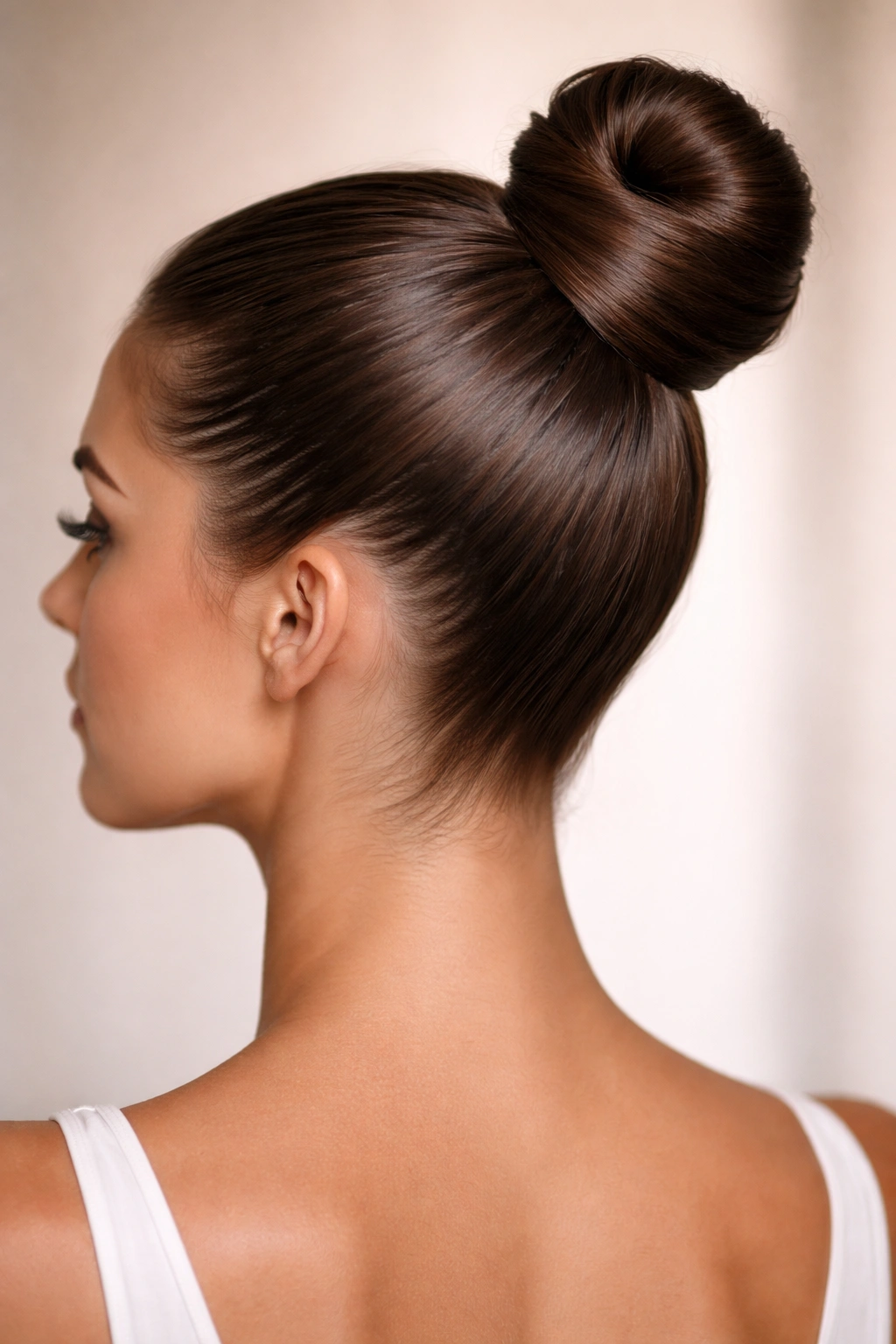 Close-up of a high, sleek wrapped knot bun with smooth roots.