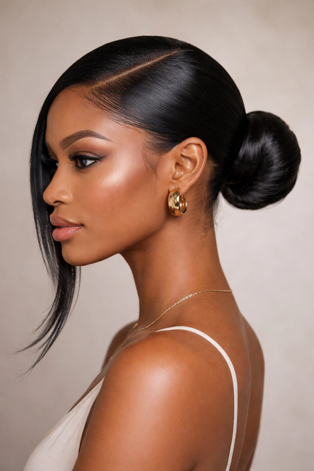 Black woman with a ponytail looped into a compact sleek bun