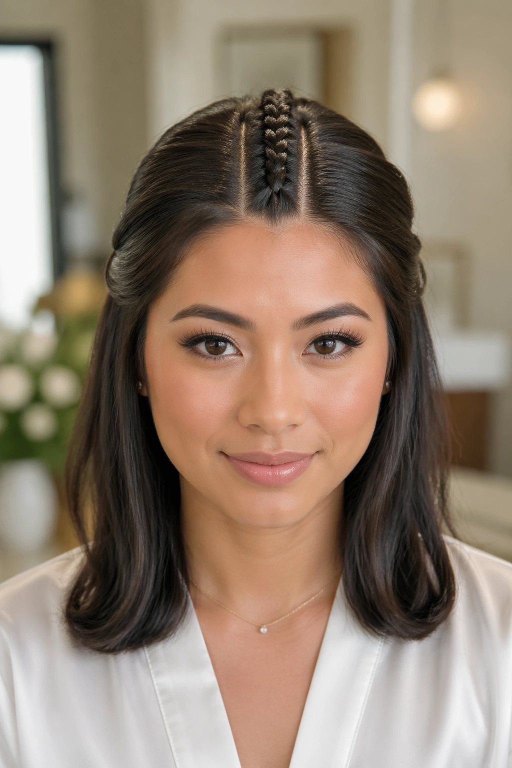 Real woman with a sleek center braid on medium hair