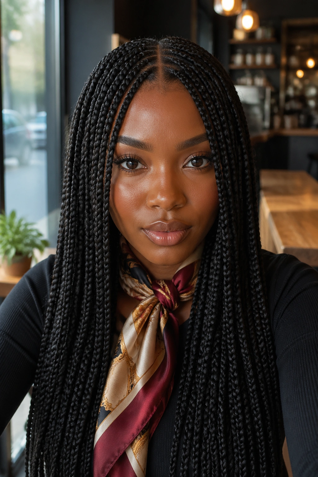 Close-up of a real woman with sleek center-part long box braids wearing a scarf