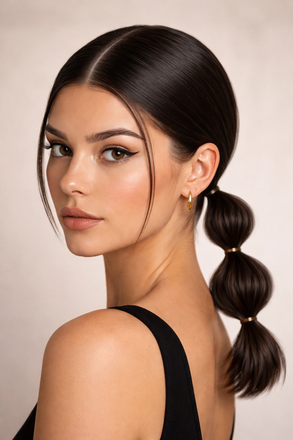 Sleek center-part bubble ponytail on short hair with architectural bubbles.