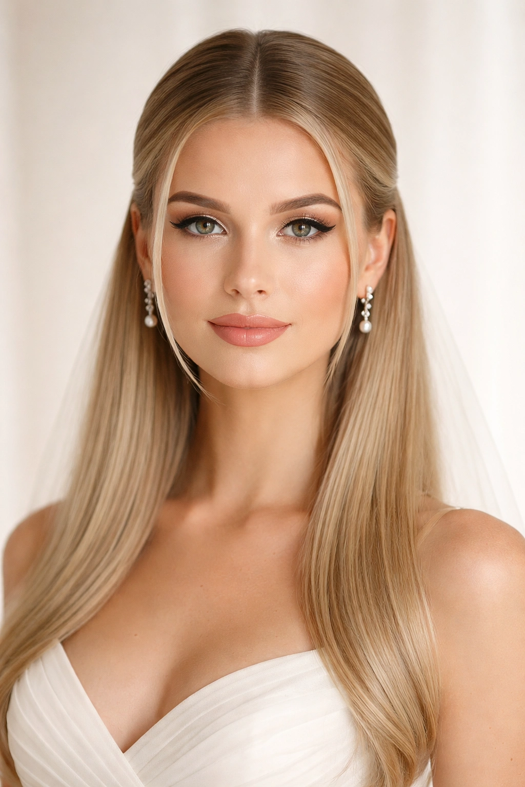 Close-up of a sleek center-part hairstyle with face-framing sections tucked behind ears