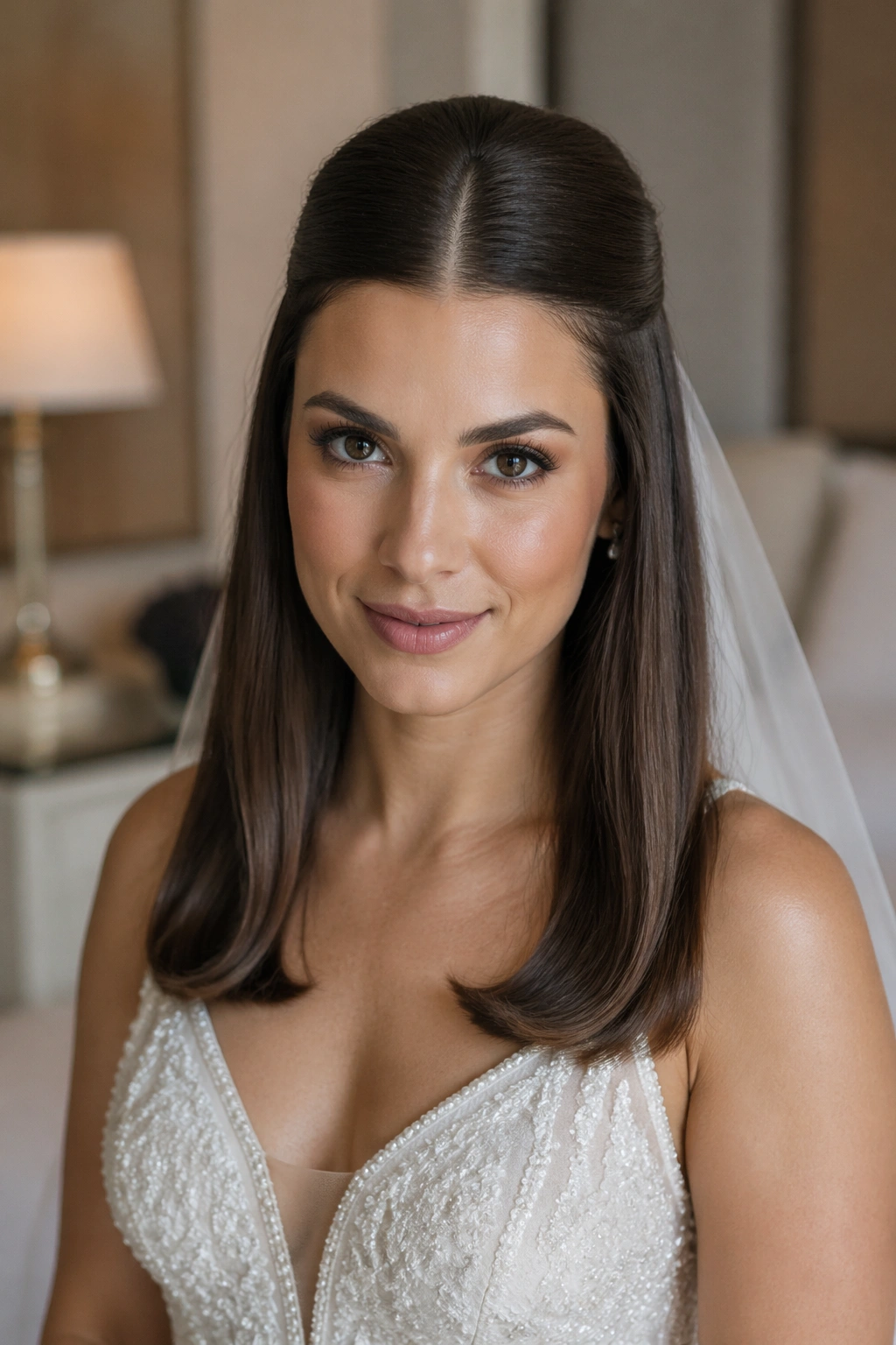 Close-up of a real bride with a Sleek Center-Part Half-Up hairstyle