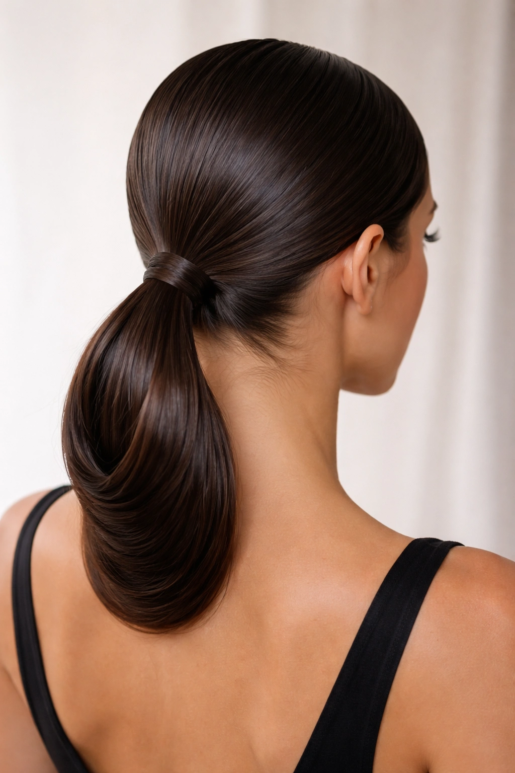 Back view of a sleek center-part loop bun with glossy hair