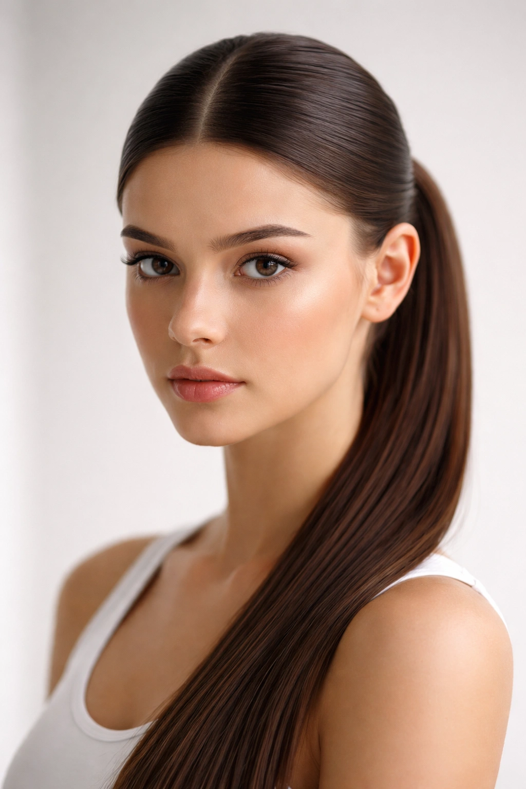 Front view of a sleek center-part ponytail with straight hair