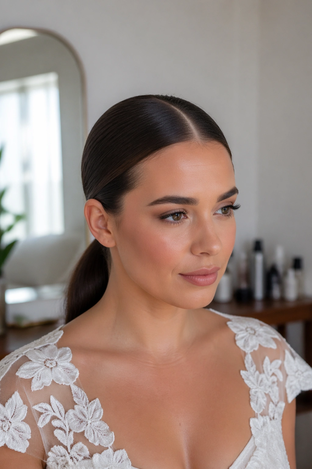 Close-up of a real woman with a sleek center-part ponytail in a bridal prep room