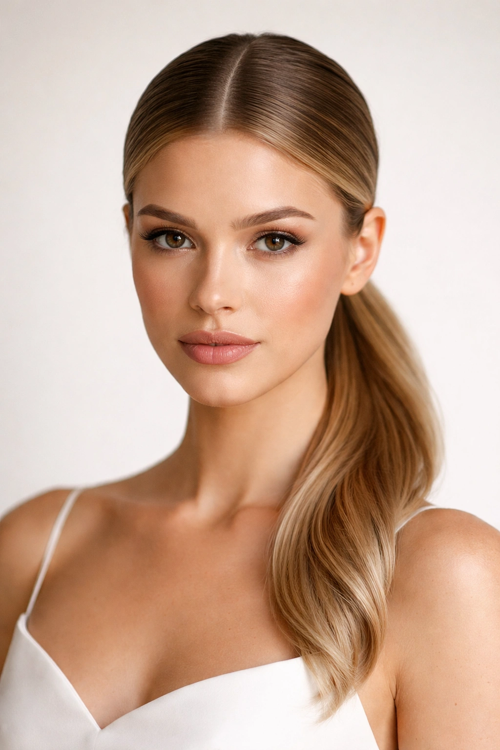 Sleek center-part ponytail with crisp part and glossy finish.