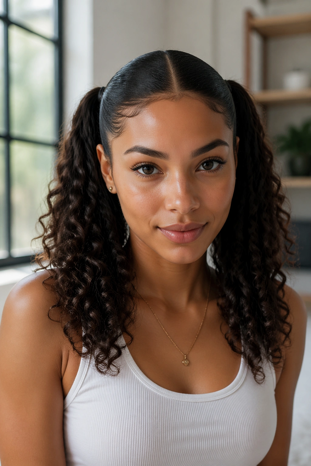 Real woman with sleek center-part twin ponytails