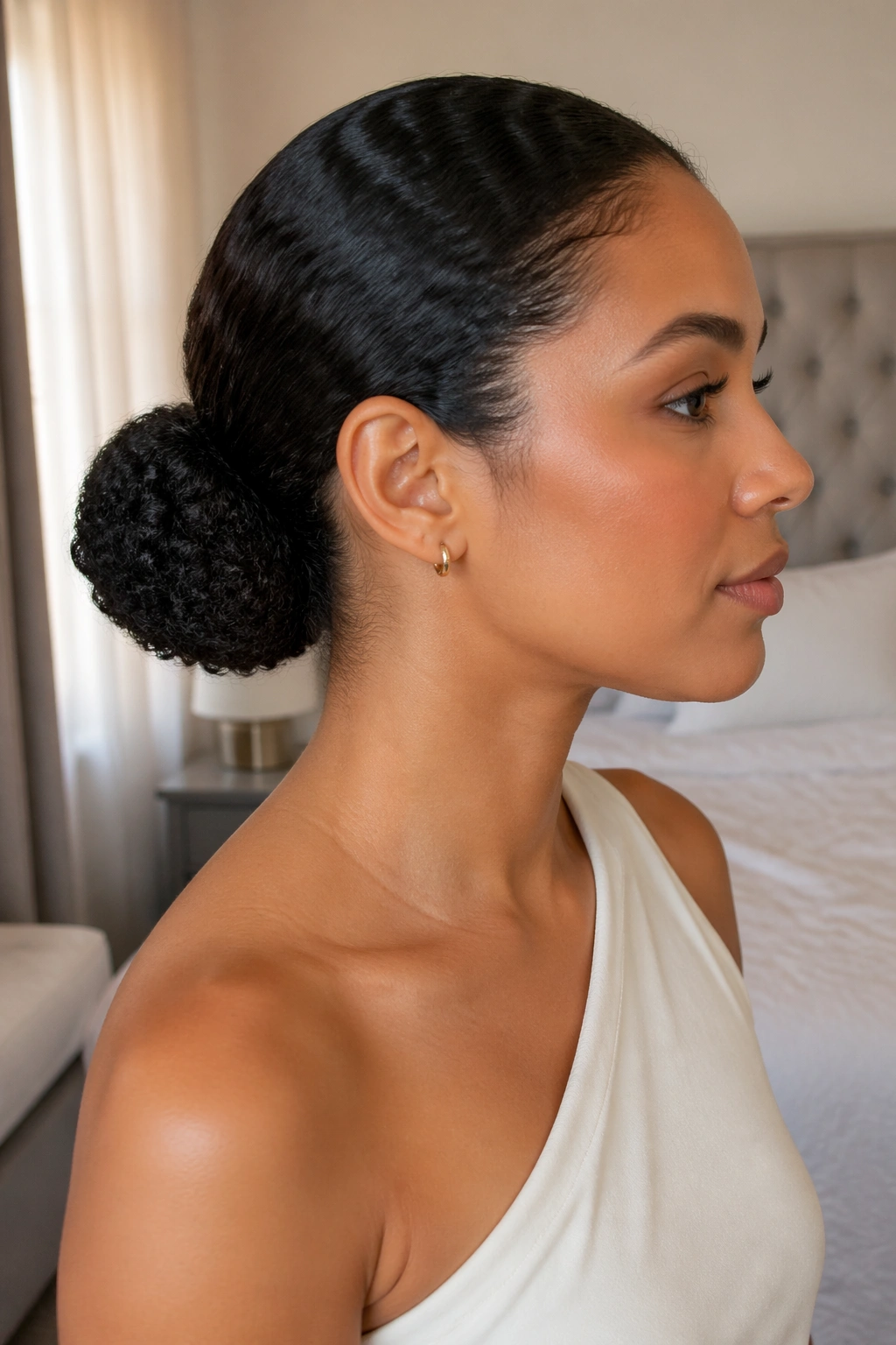Low chignon at the nape of a real woman's hair