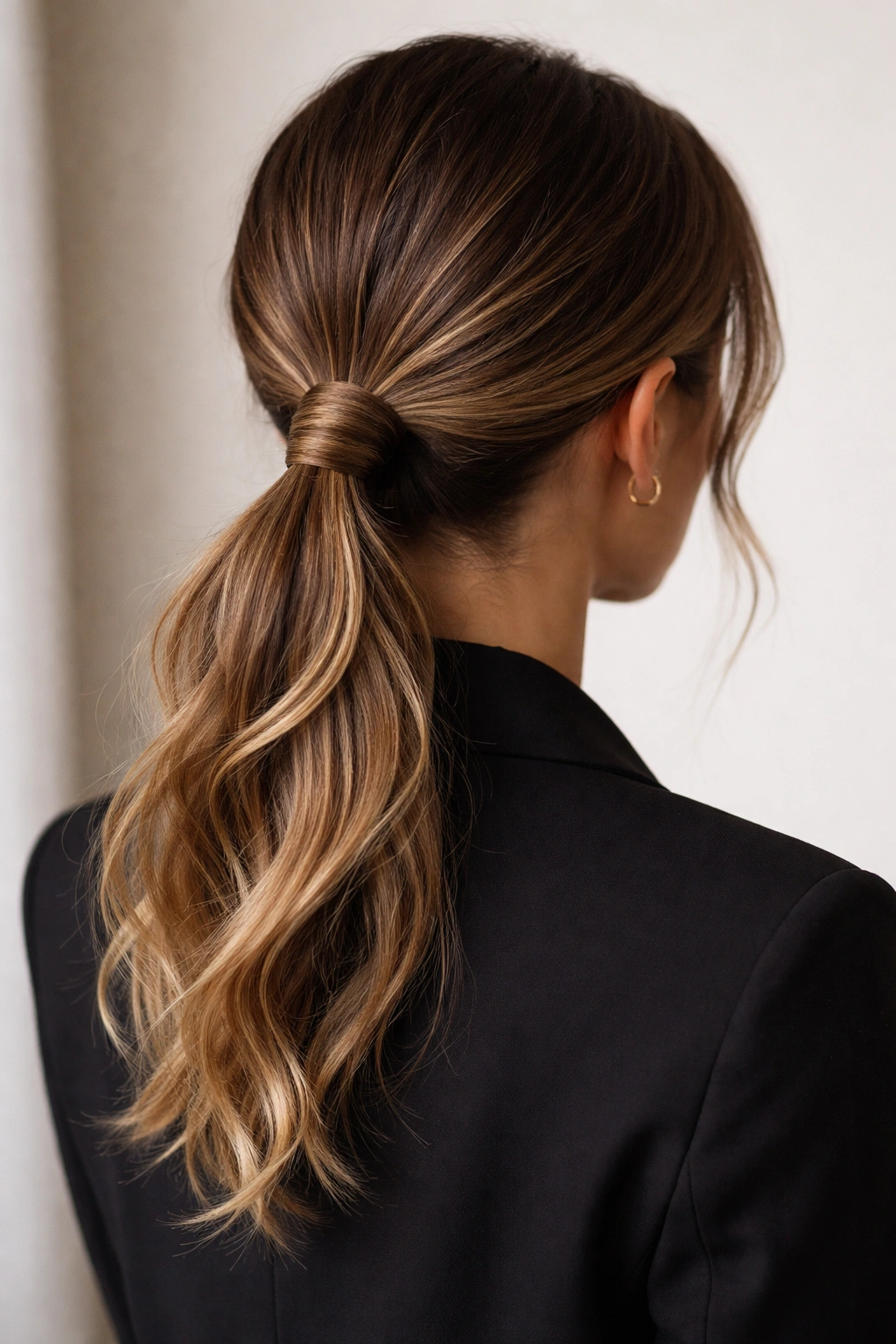 Back view of sleek chignon hybrid showing loop and hanging ends.