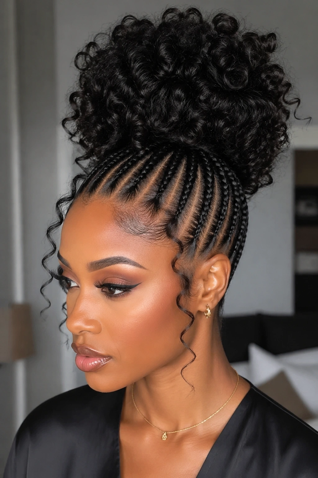 Portrait of woman with sleek cornrow base and large voluminous curl bun