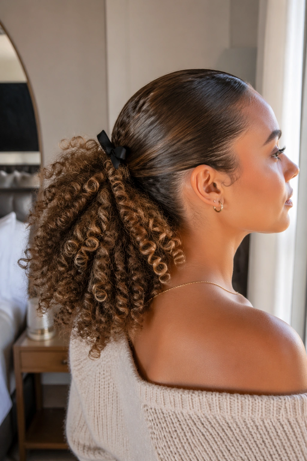 Close-up of a real woman with a sleek crown and cloud-like tail with tiny back bow