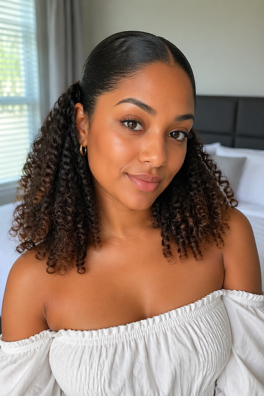 Close-up of a woman with a sleek crown and curling ends framing an off-the-shoulder neckline.