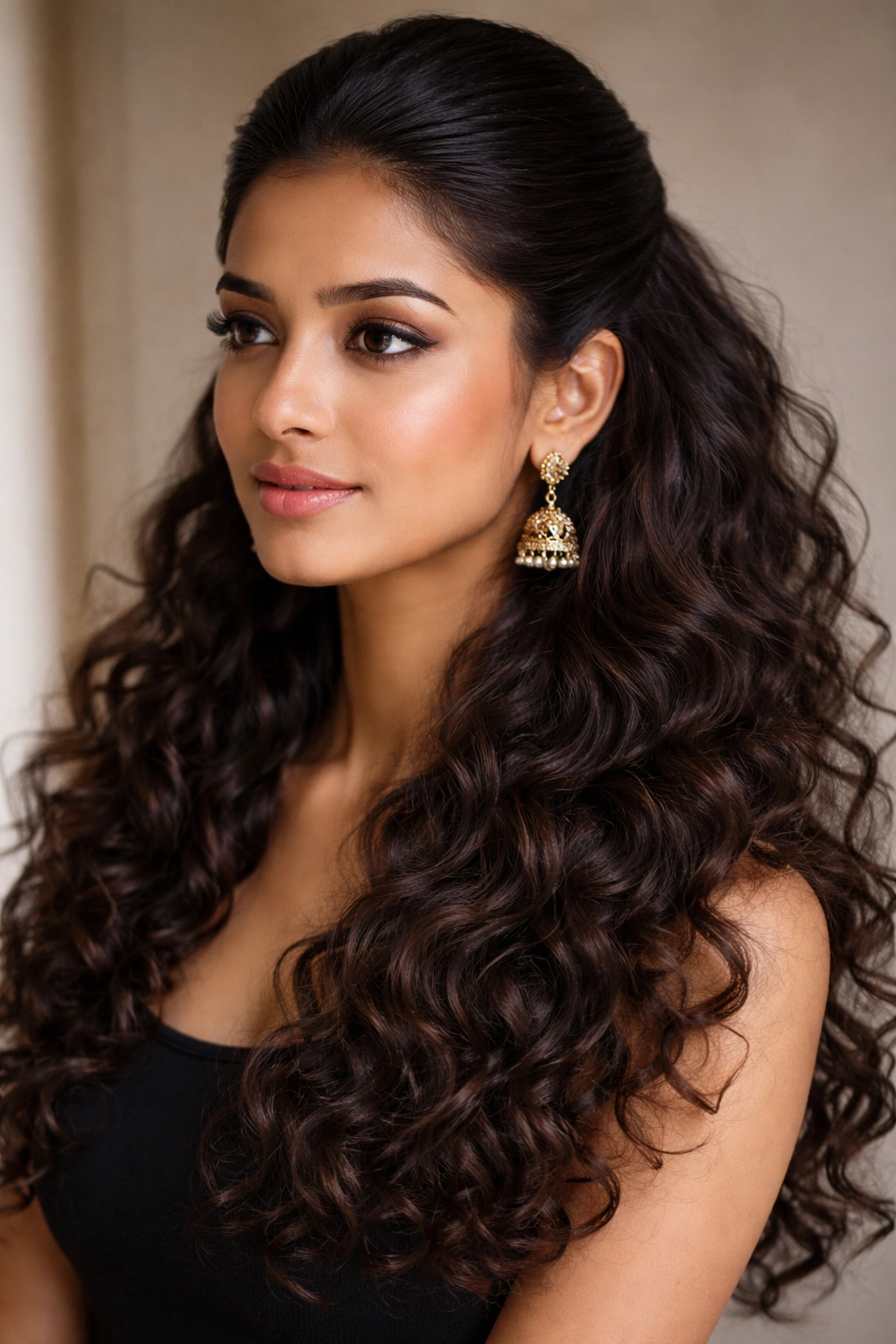 Front view of hair with a sleek crown and loose curly lengths
