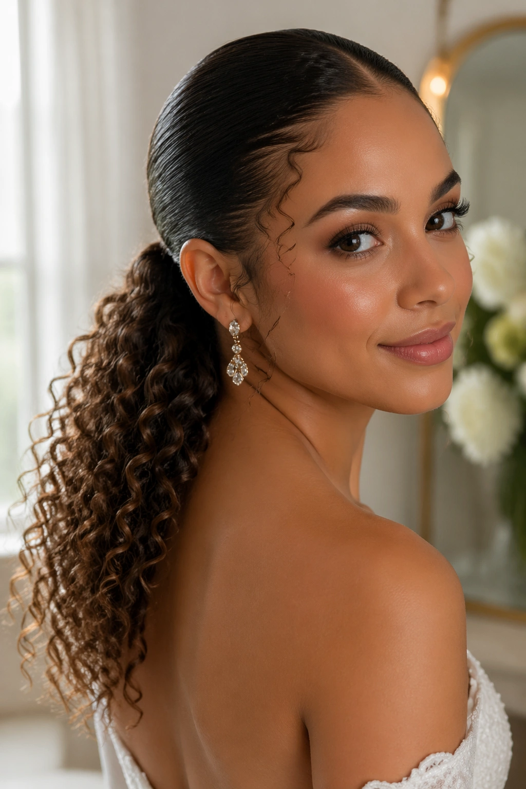 Close-up of a real bride with Sleek Crown with Curly Ends hairstyle featuring a smooth crown and curly ends