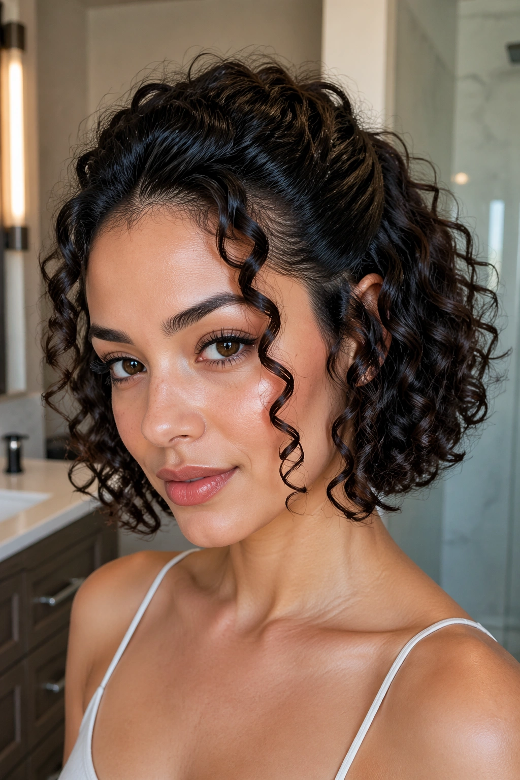 Close-up of a real woman with a curly bob, crown half-up with defined front curls.