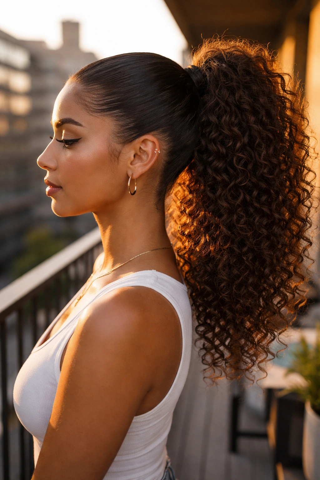 Close-up of a real woman with a sleek crown and full tail ponytail in side-profile