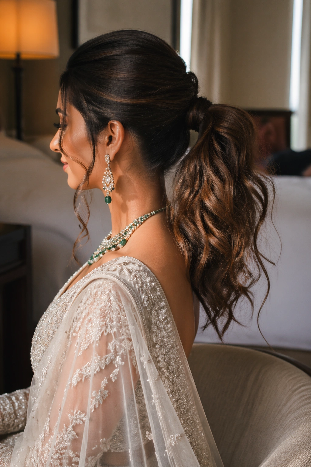 Side profile of sleek crown ponytail with messy ends
