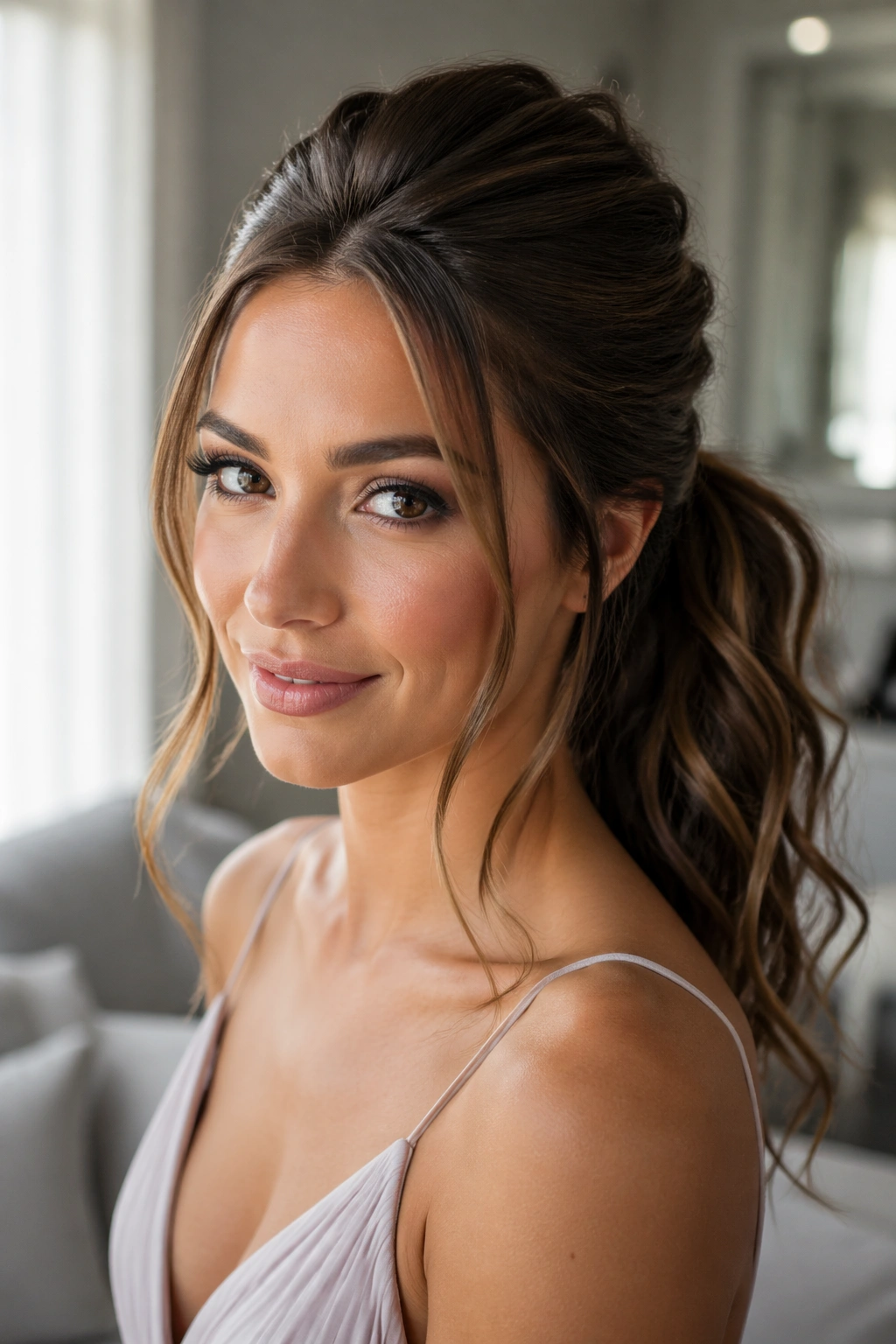 Portrait of woman with sleek crown ponytail and messy ends