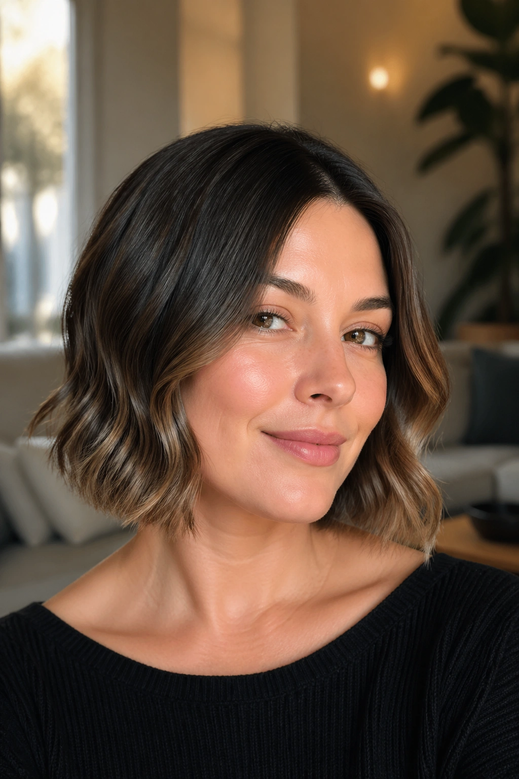 Close-up portrait of a real woman with a sleek crown and wavy ends bob under natural window light