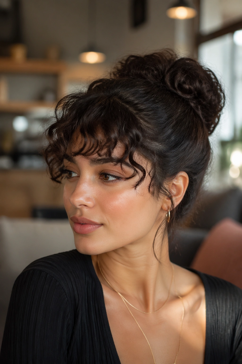 Portrait of a real person with a sleek curly bun and wispy bangs in a soft-lit cafe
