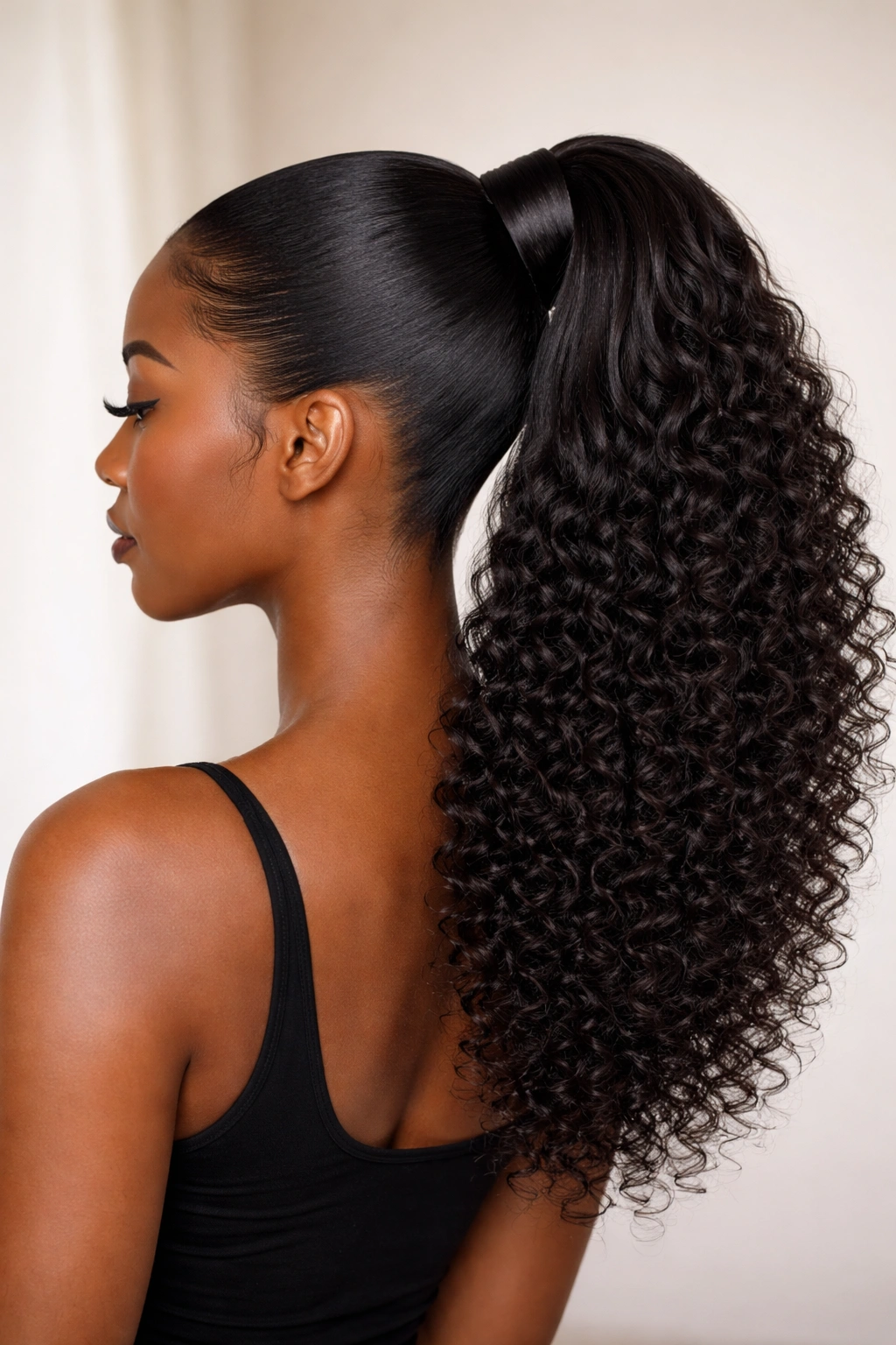 Close-up of sleek and curly ponytail extension showing straight wrap-around section and curly tail on a neutral backdrop