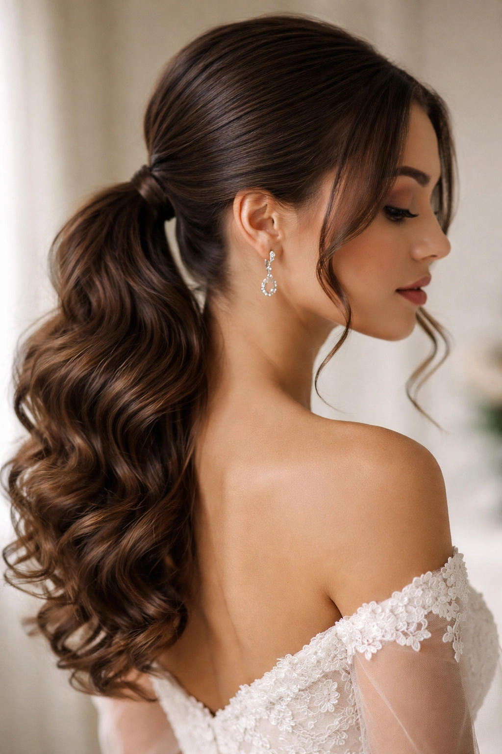 Close-up of sleek low curly ponytail with face-framing curls for bridal look