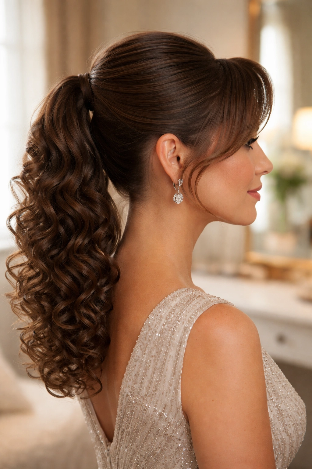 Close-up profile of a woman with a sleek curly ponytail and wrapped base.