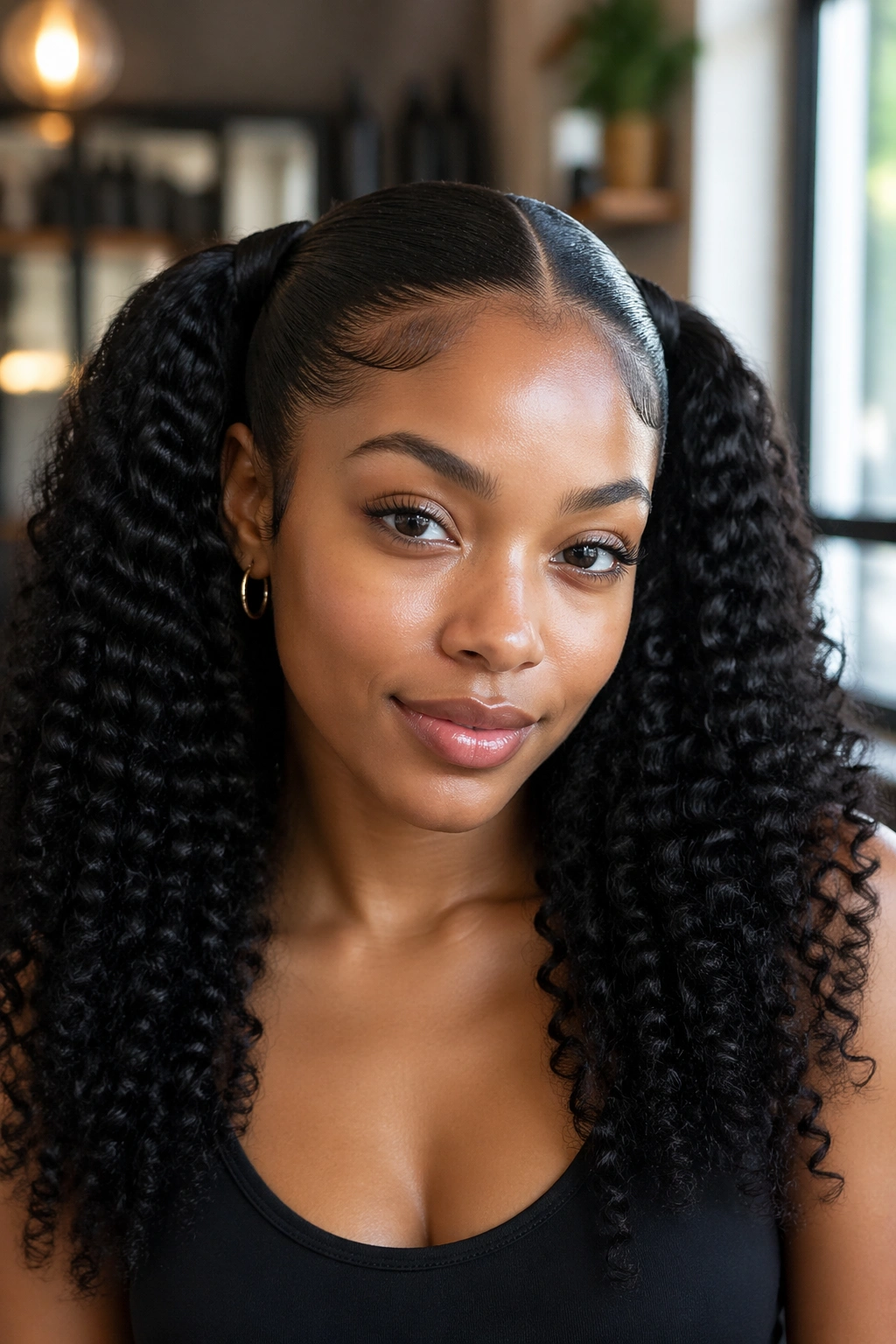 Portrait of a real person with sleek double ponytails on curly hair