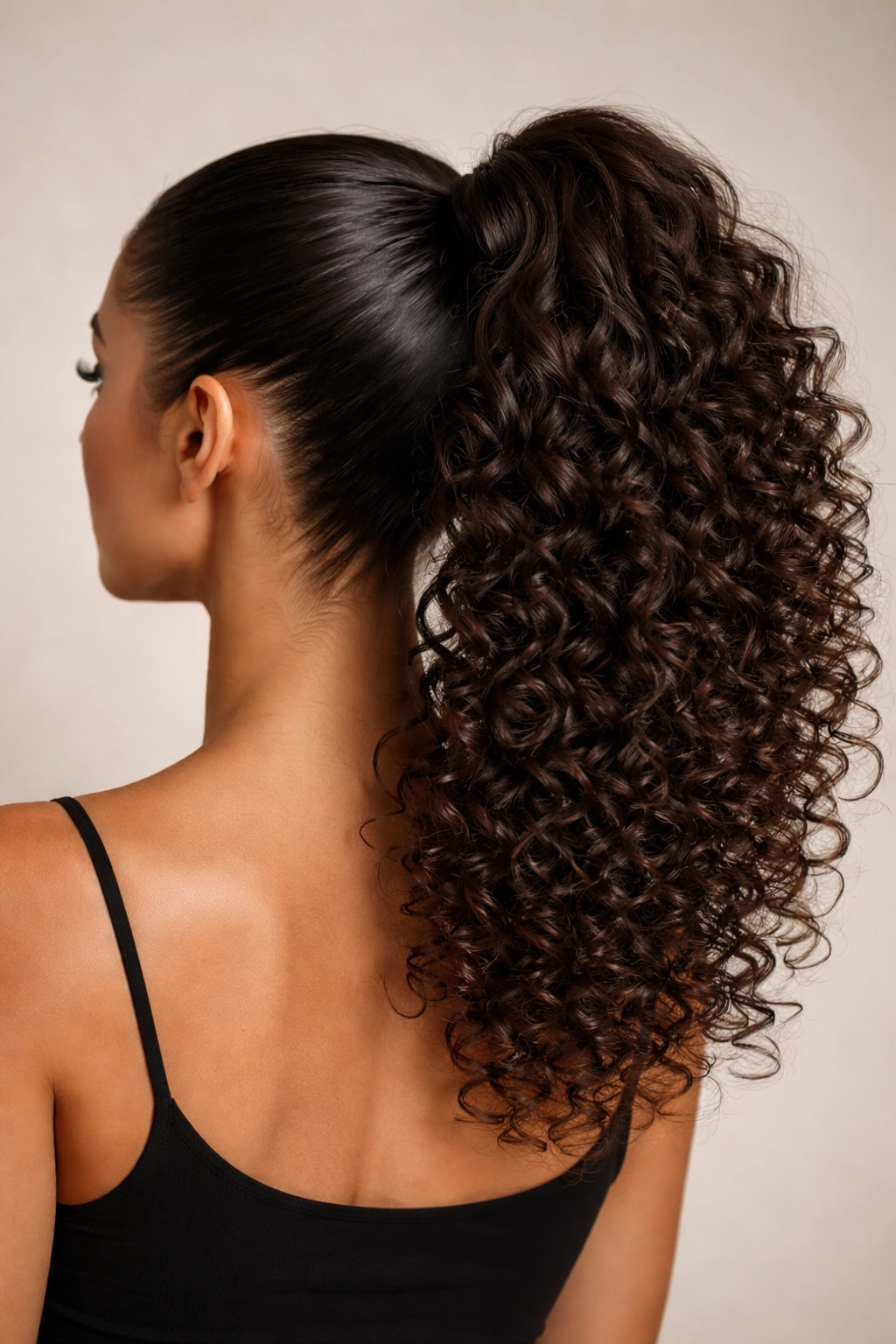 Back view showing sleek roots transitioning into a curly ponytail
