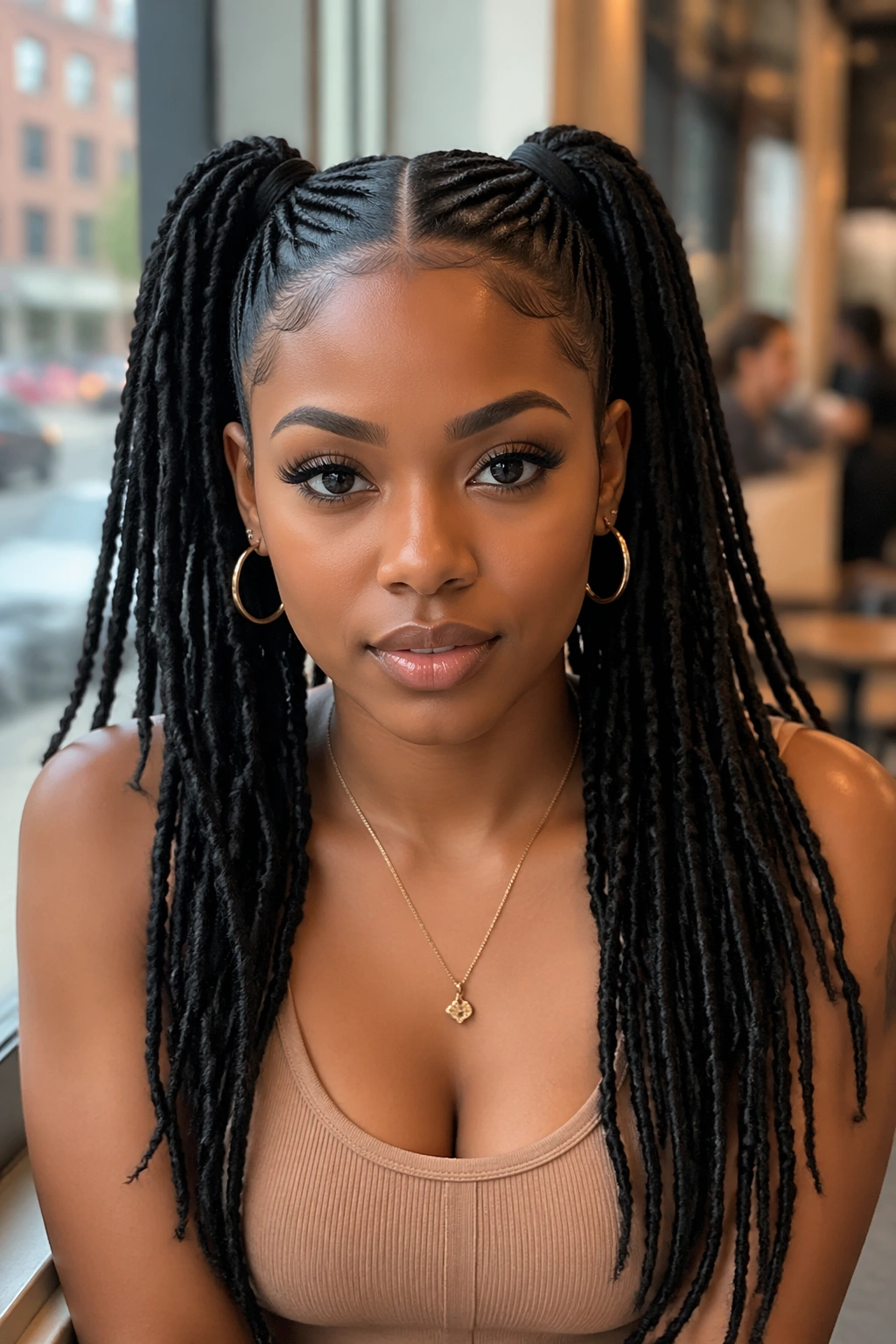 Close-up of a real person with sleek, clean-edged double ponytails in natural cafe light.