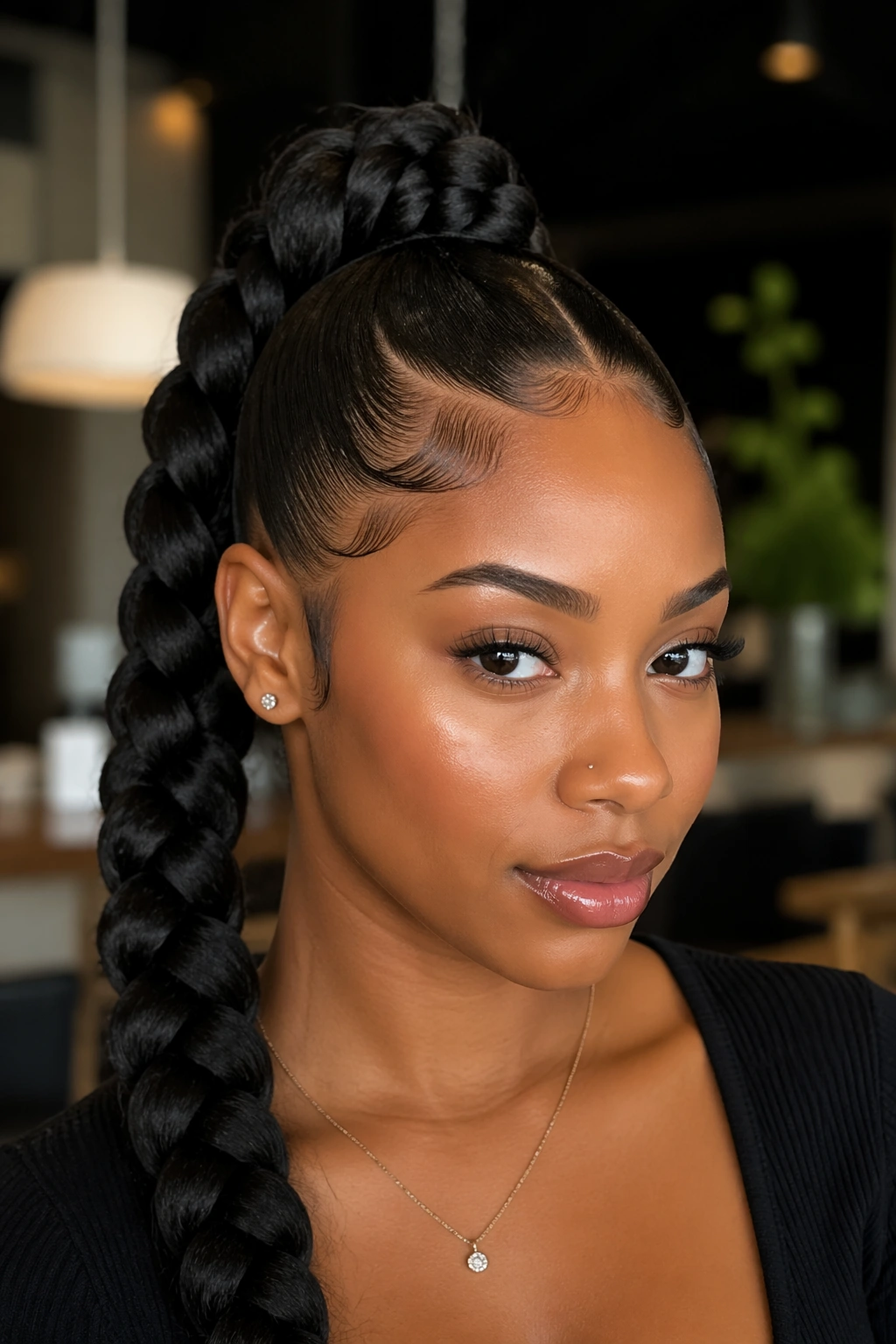 Close-up of sleek high Dutch braid with edge detail on real person