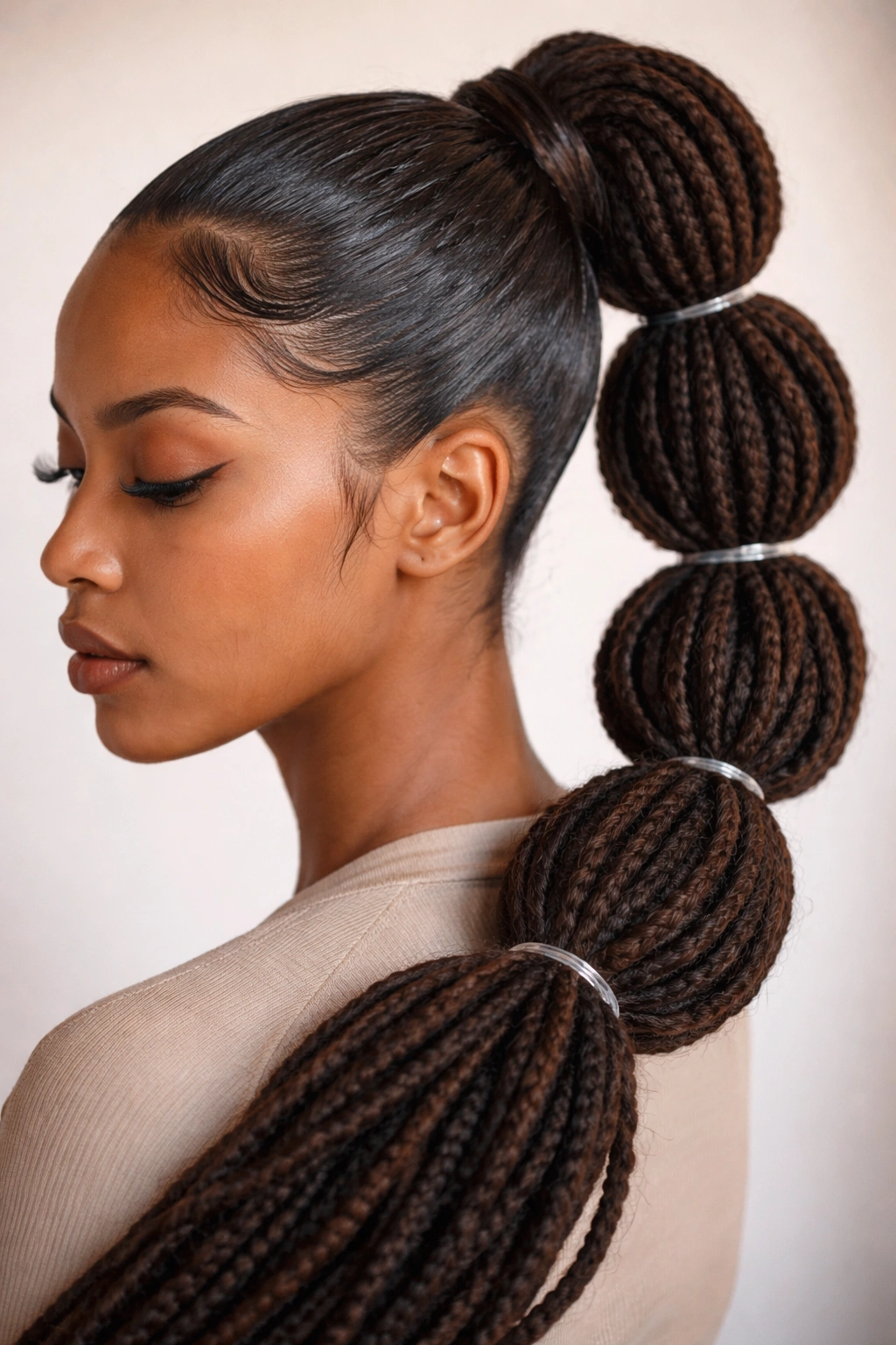 Sleek edges bubble ponytail with smooth front and textured bubbles