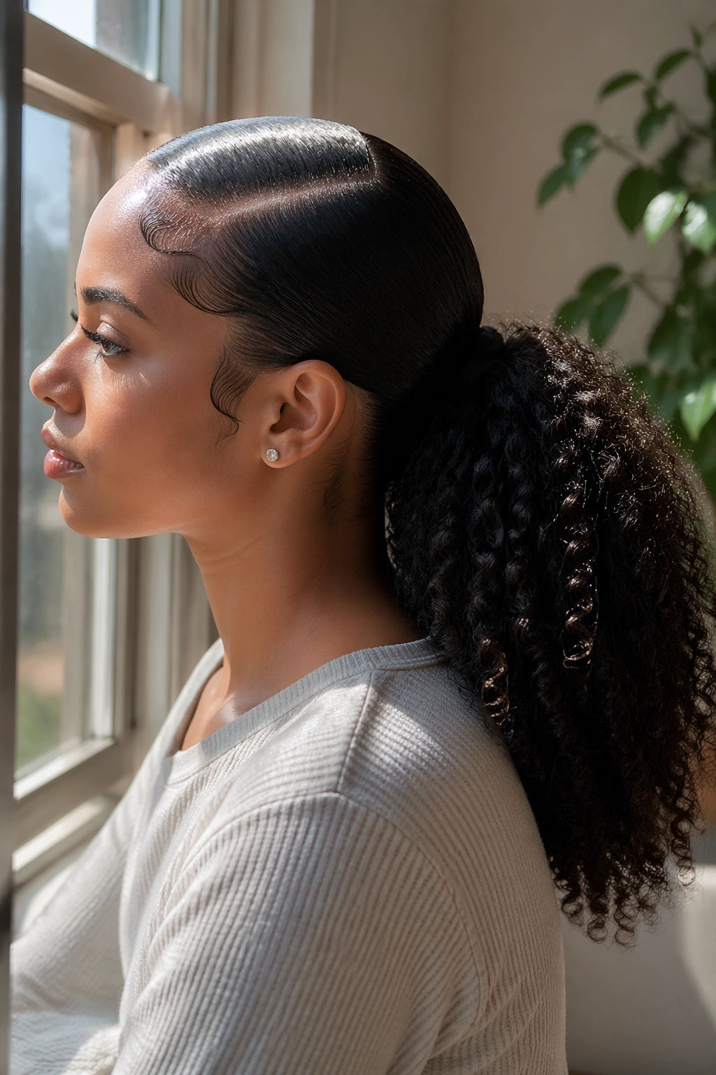 Side profile of a sleek side-part ponytail with laid edges.