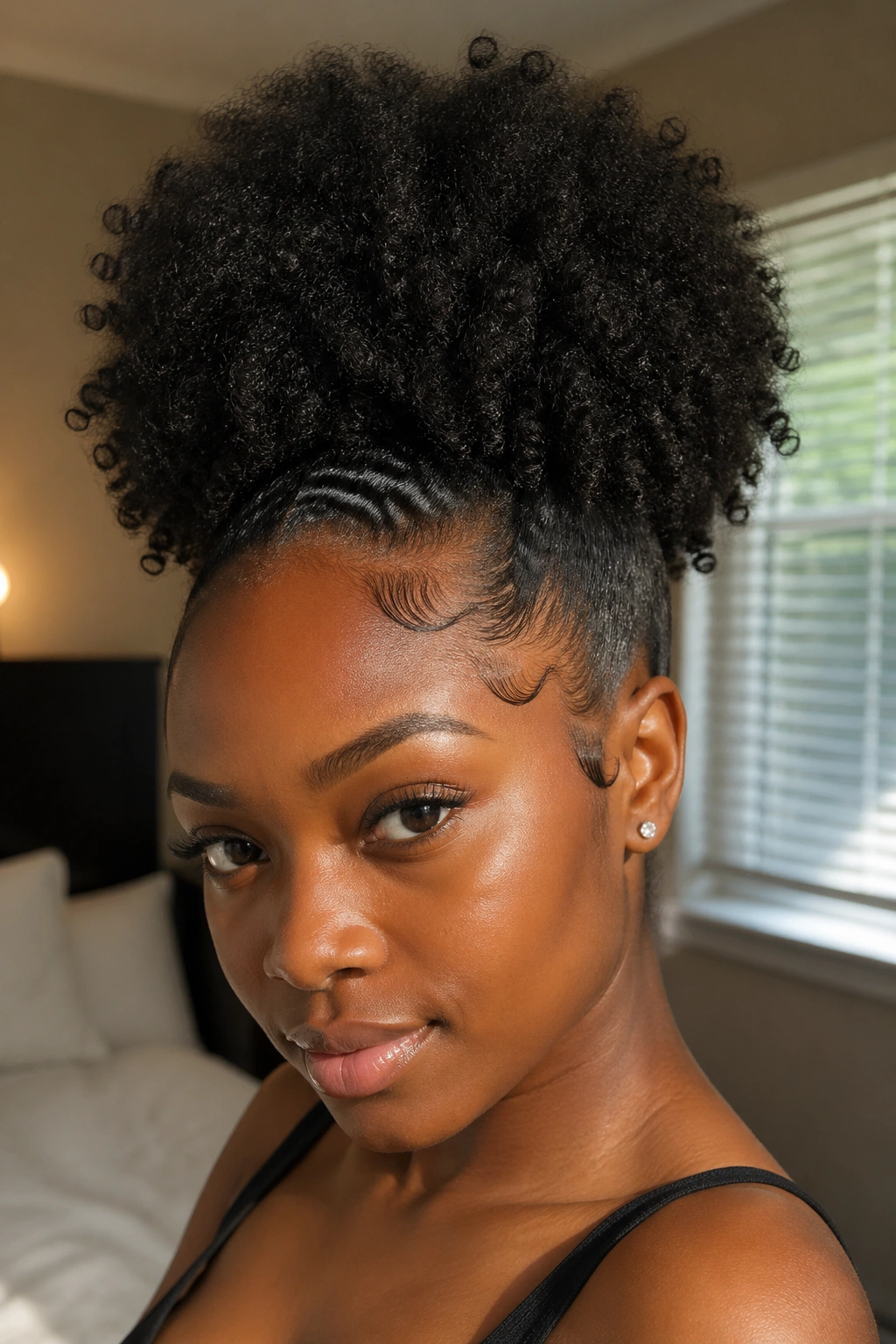 Close-up of a Black woman with sleek edges and voluminous crown puff
