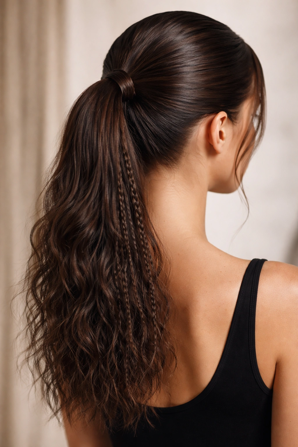 Back view of a sleek ponytail with smooth base and textured ends