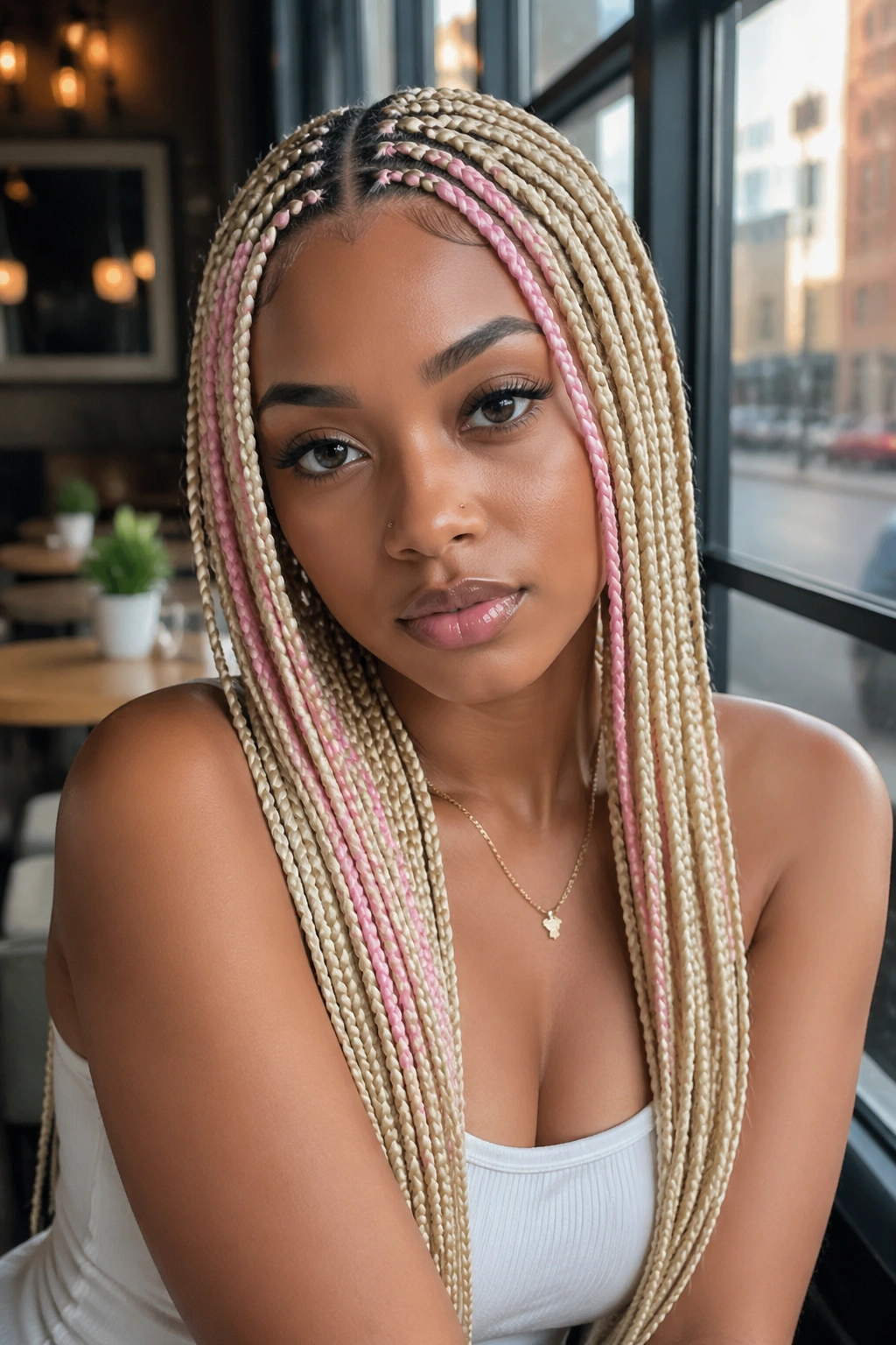 Close-up of sleek feed-in blonde box braids with pink framing around the face