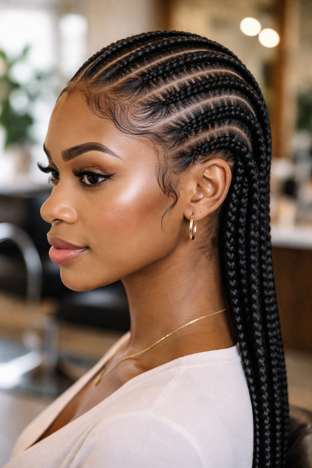 Close-up of real person with sleek feed-in cornrows and laid edges.