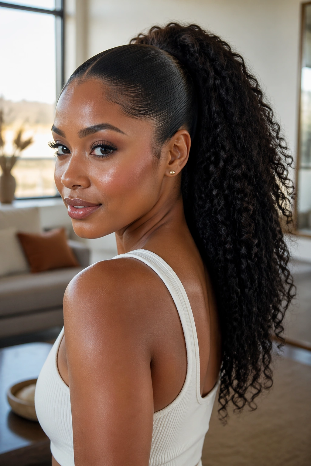 Portrait of a real woman with sleek front and full back faux ponytail in bright window light