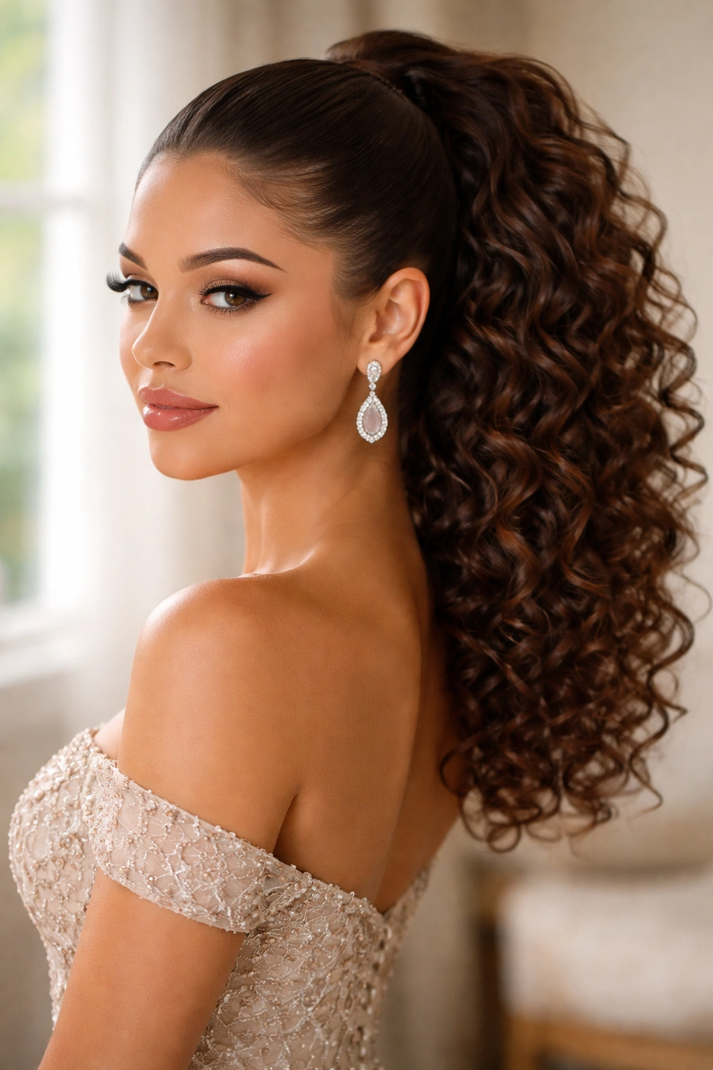 Medium close-up of sleek front hair with curly back ponytail on a real person