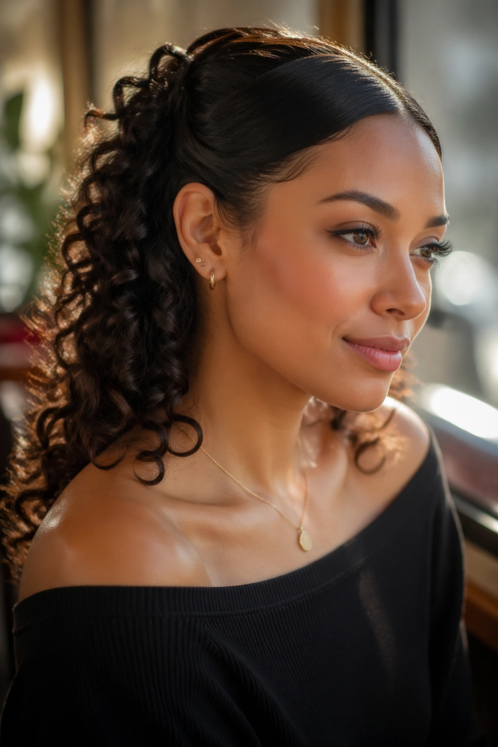 Close-up of a real woman with Sleek Front Sections and Defined Curl Cascade, front sleekly pinned with curls behind.